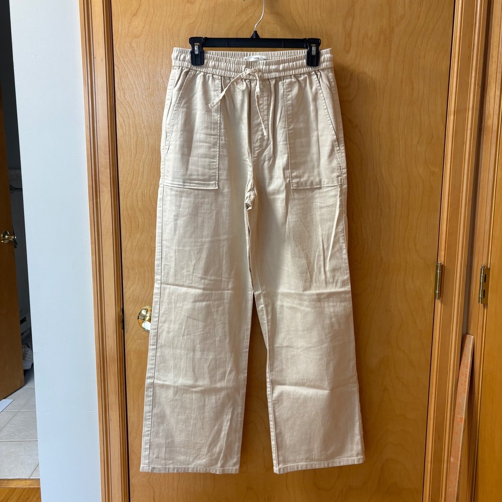 MNG Mango Wide Leg Pants Women Size S Beige Cotton Drawstring Utility Trousers